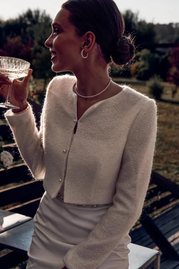 Bridal bolero jacket with lightweight wool bend and buttons