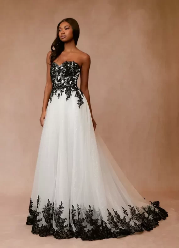 Strapless wedding dress in white with black lace detailing