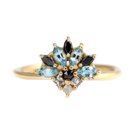 Aquamarine and black diamond cluster engagement ring in 18k gold