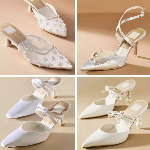 Close-up of Dolce Vita pairs of wedding heels for bride – elegant and comfortable for all-day wear