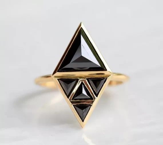 Geometric art deco black diamond engagement ring in gold