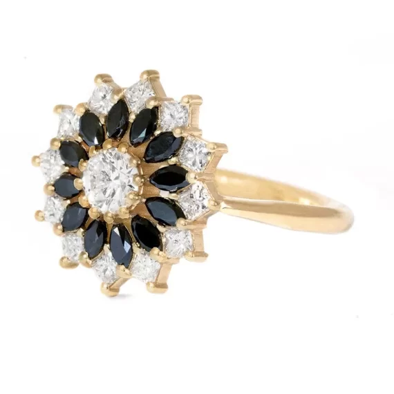 Vintage-inspired black diamond flower cluster engagement ring