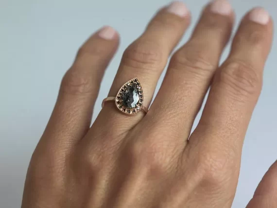 Salt and pepper black diamond engagement ring with dark diamond center stone