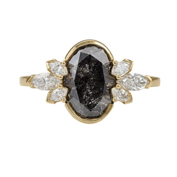 Oval black diamond engagement ring in tulip-style setting