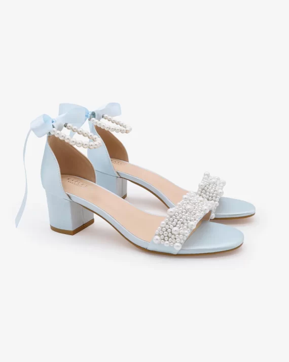 blue pearl block heel wedding shoes with pearl ankle and toe embellishments