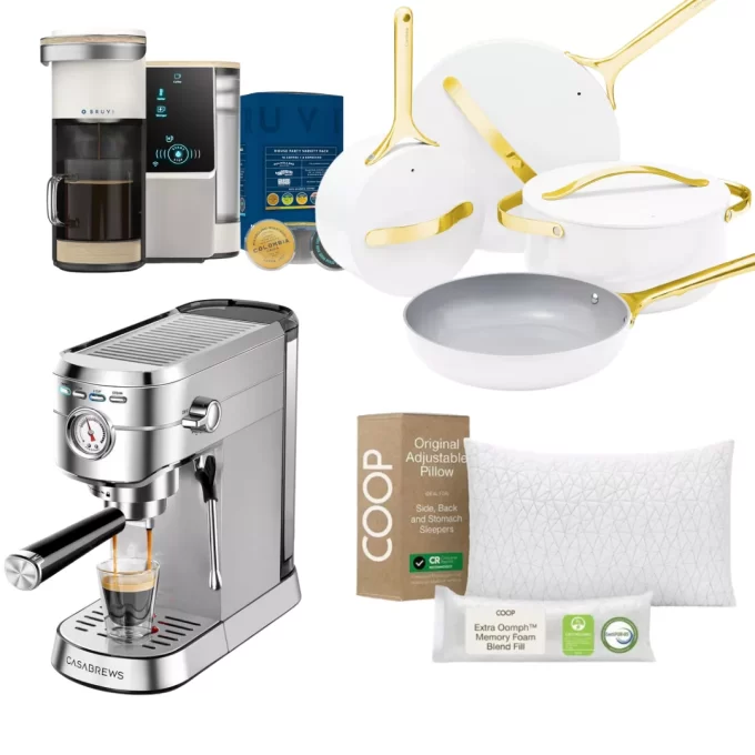 Modern bride upgrading her coffee maker as part of 2026 wedding registry trends