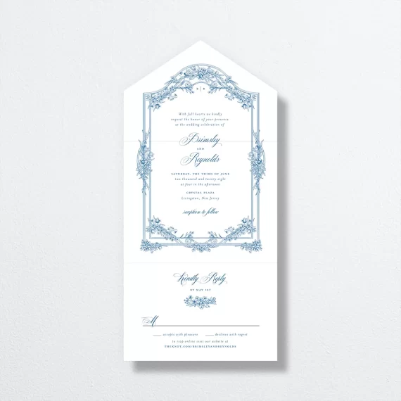 Elegant foldable wedding invitation set with built-in RSVP card, all in one design