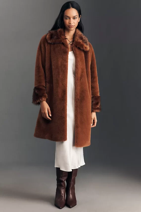 Long length faux fur brown coat