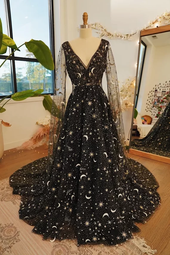 black celestial alternative wedding dress with star embroidery