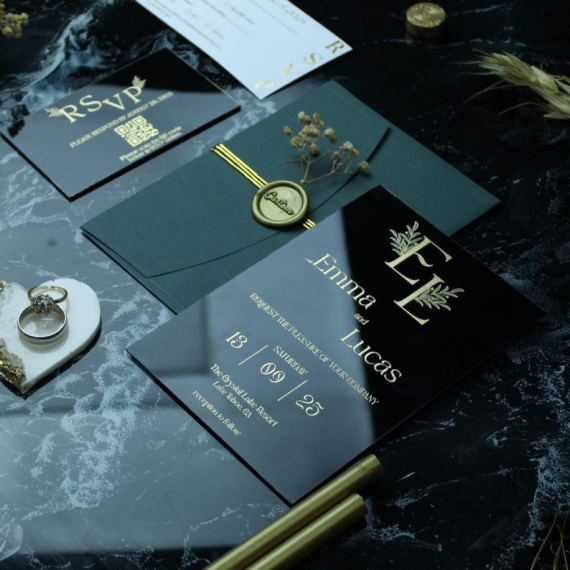 Vibrant colored acrylic wedding invitation with mirrored finish and foil accents