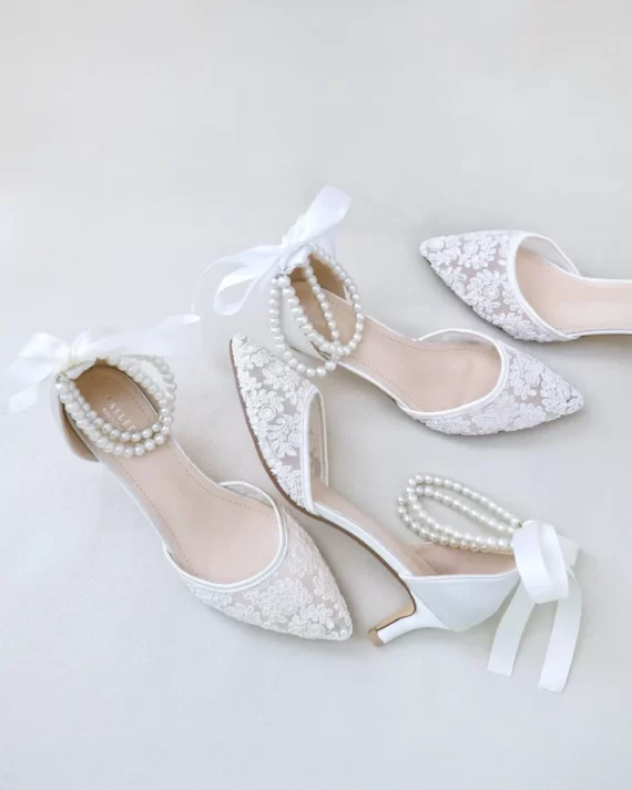 crochet pointed toe low heel wedding shoes