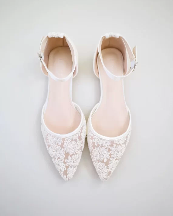 Crochet Lace Pointy Toe Flats with Ankle Strap