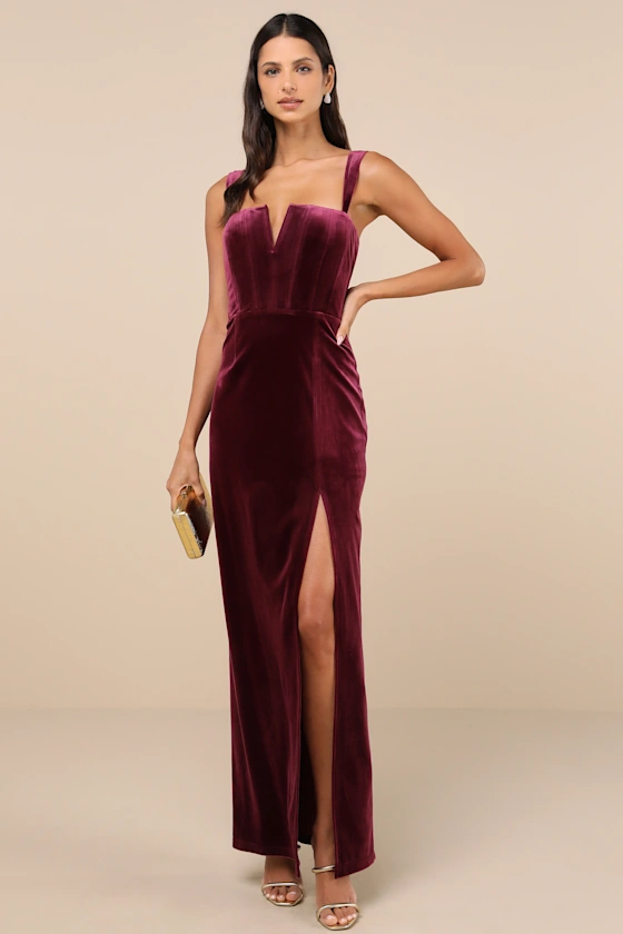 Berry colored maxi length dress in velvet