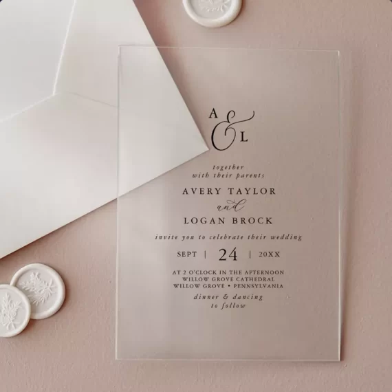 Minimalist clear acrylic wedding invitation with elegant calligraphy