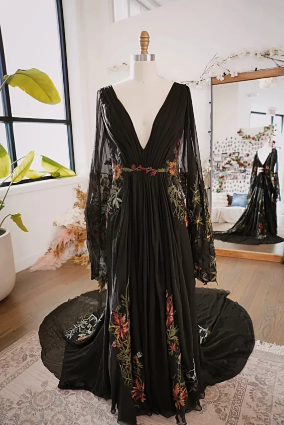 black embroidered non traditional wedding dress with botanical details