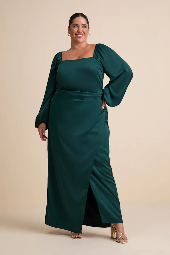 Long sleeve emerald satin dress