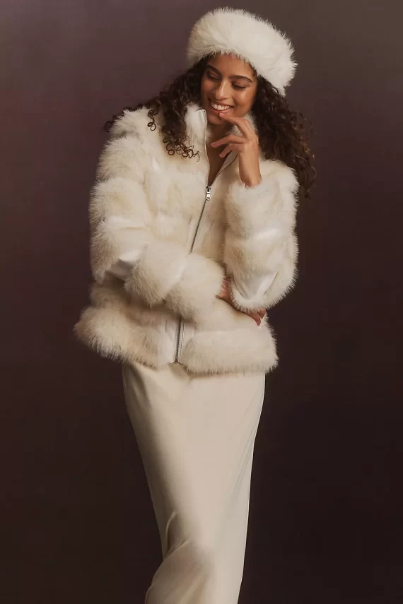 Faux fur jacket with matching fuzzy faux fur hat