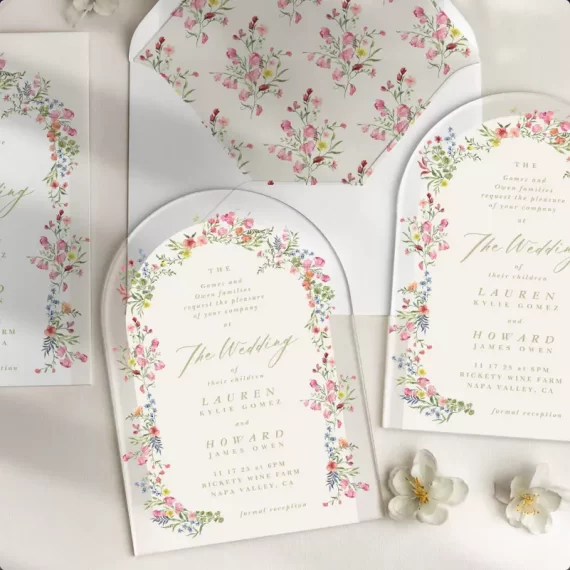 Custom geometric shaped acrylic wedding invitation with gold text