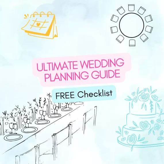 Couple planning their wedding with flowers, invitations, and a budget chart on the table – ultimate wedding planning guide