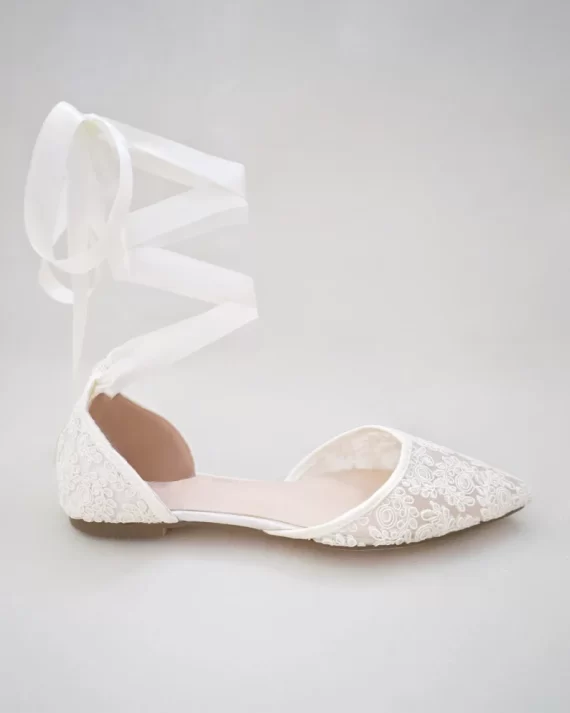 ivory pointed toe bridal flats with ankle ballerina ribbon wrap