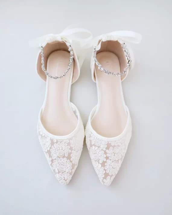 flat lace bridal shoes with bows on the back - wedding shoes that are not heels