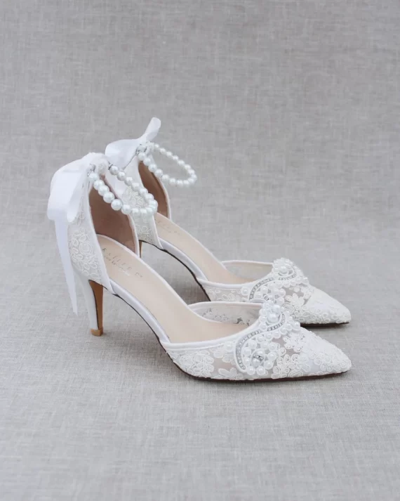 Elegant lace bridal heels paired with a lace wedding dress for a timeless bridal look