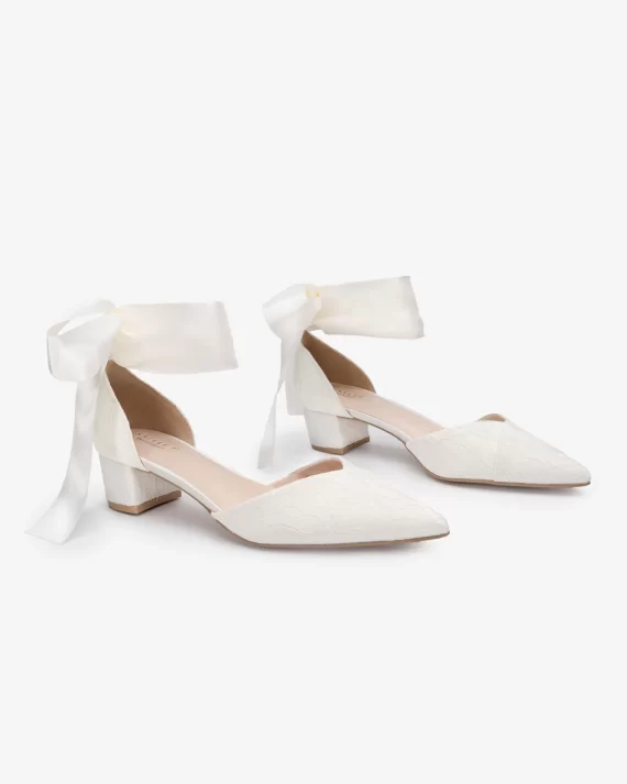 Classic lace and satin ribbon tie wedding block heels in low height