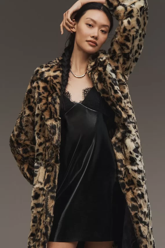 Leopard print special occasion long length faux fur coat