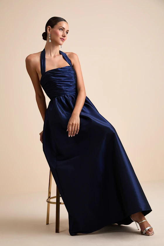 Taffeta halter bridesmaid dress by Lulus in navy