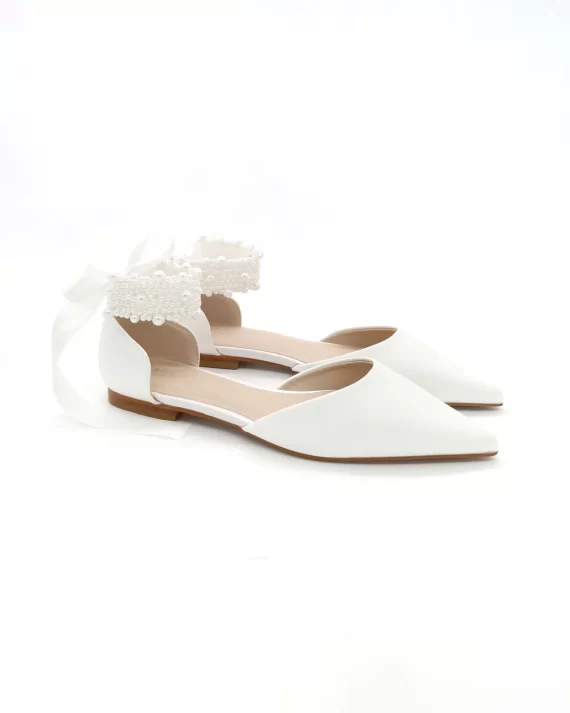 Wedding flats with pointed toe and pearl ankle wrap