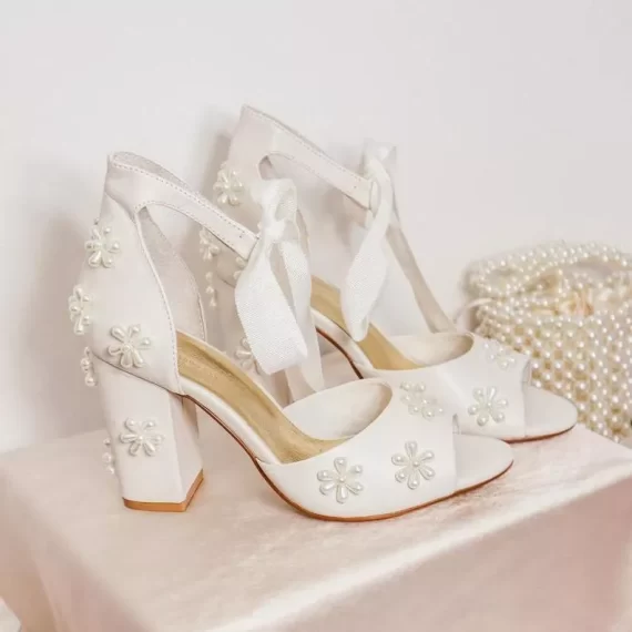 white pearl wedding sandals with block heel and ankle strap for summer weddings