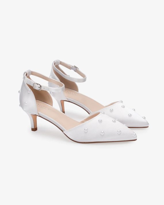 white satin pearl wedding heels with scattered pearl embellishments