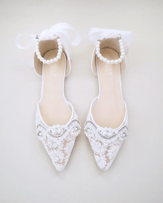 pearl wedding flats with lace detailing and ankle strap for comfortable bridal wear
