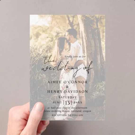 Acrylic wedding invitation with photo printed on the front