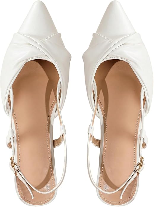 white leather pointed toe flats with slingback ankle strap