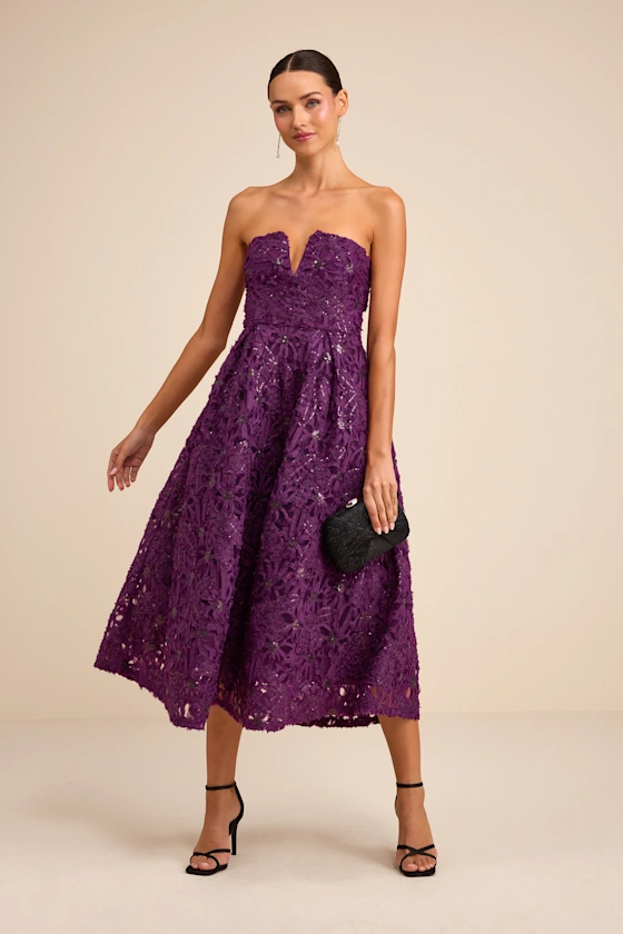 Sparkly midi length purple dress