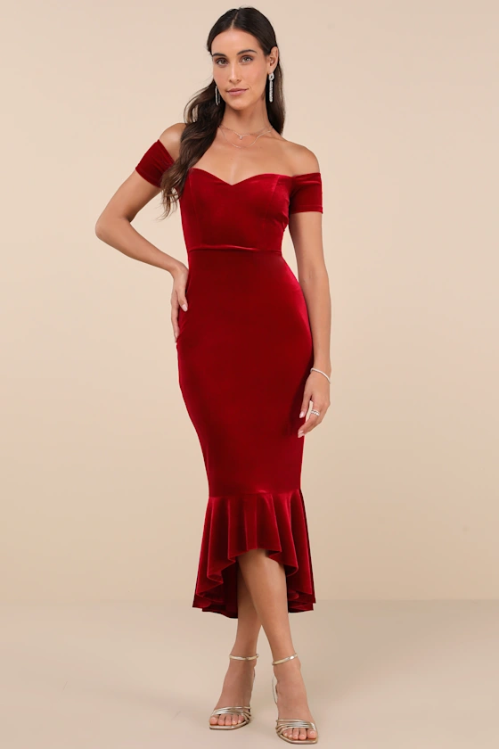 Off-the-shoulder velvet red midi length dress