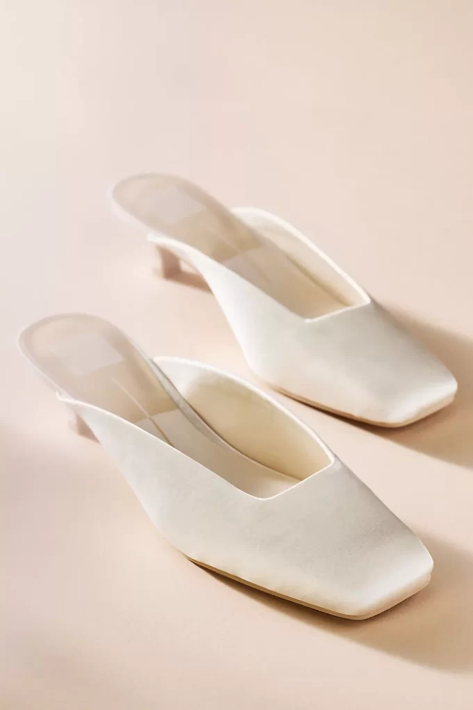 white square toe kitten mules with short heel for comfortable all day wedding wear