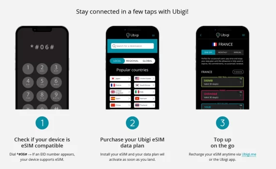 Ubigi travel eSIM plans shown on screen for international destinations