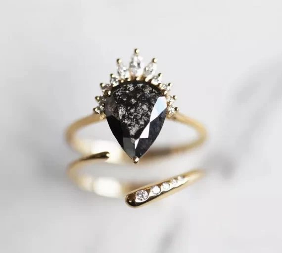 Salt and pepper diamond engagement ring set with matching wedding band