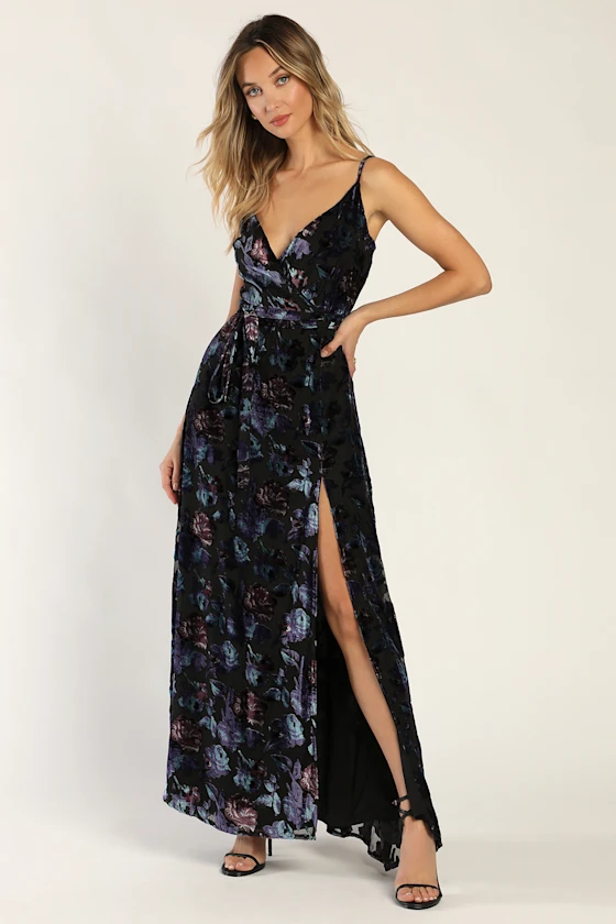 Velvet floral print maxi dress