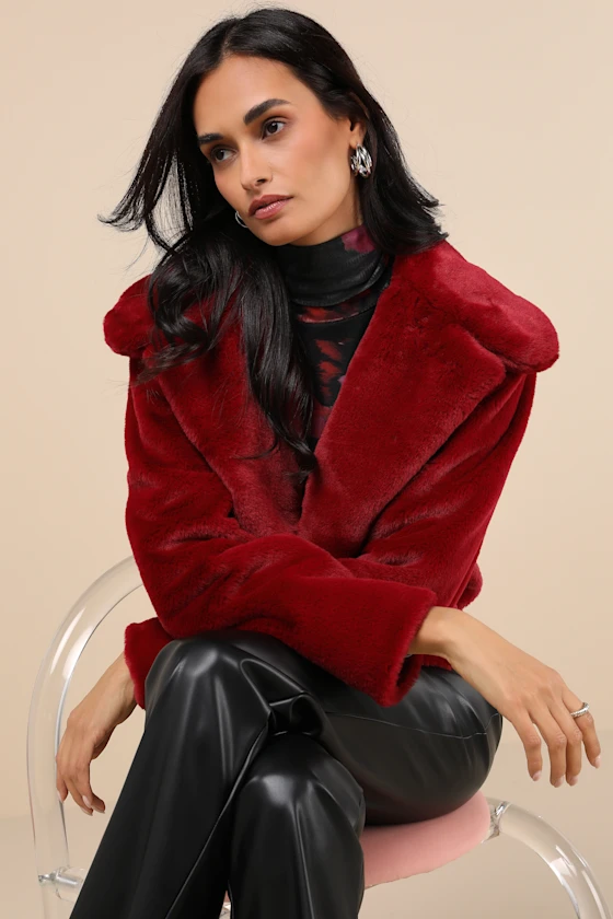 Wine red faux fur cropped coat as alternate to winter jacket