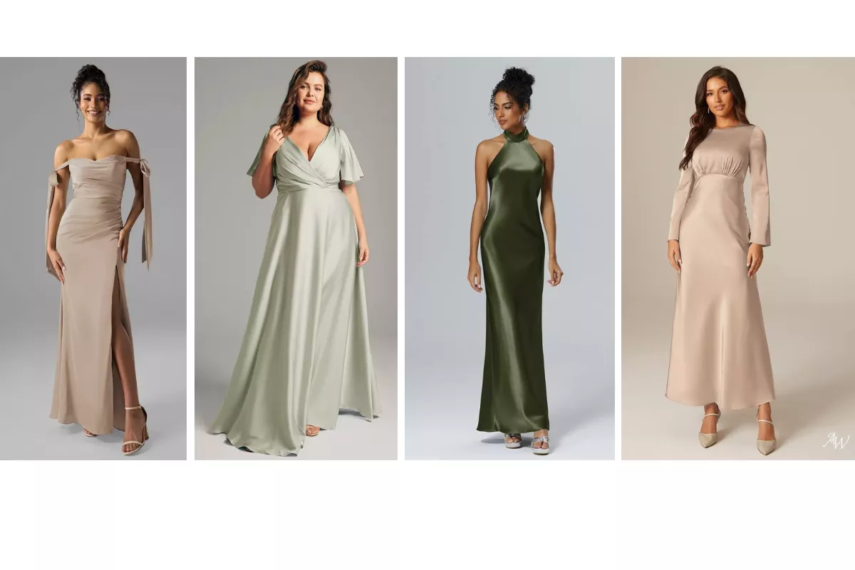 Selection of AW Bridal bridesmaid and wedding dresses including chiffon, satin, and ruffled styles