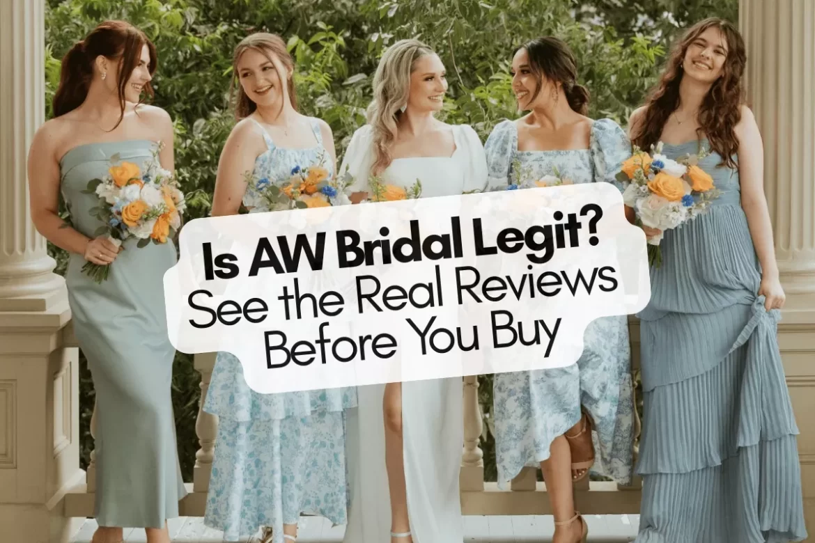 AW Bridal wedding and bridesmaid dresses displayed on models, showcasing chiffon, satin, and ruffled styles