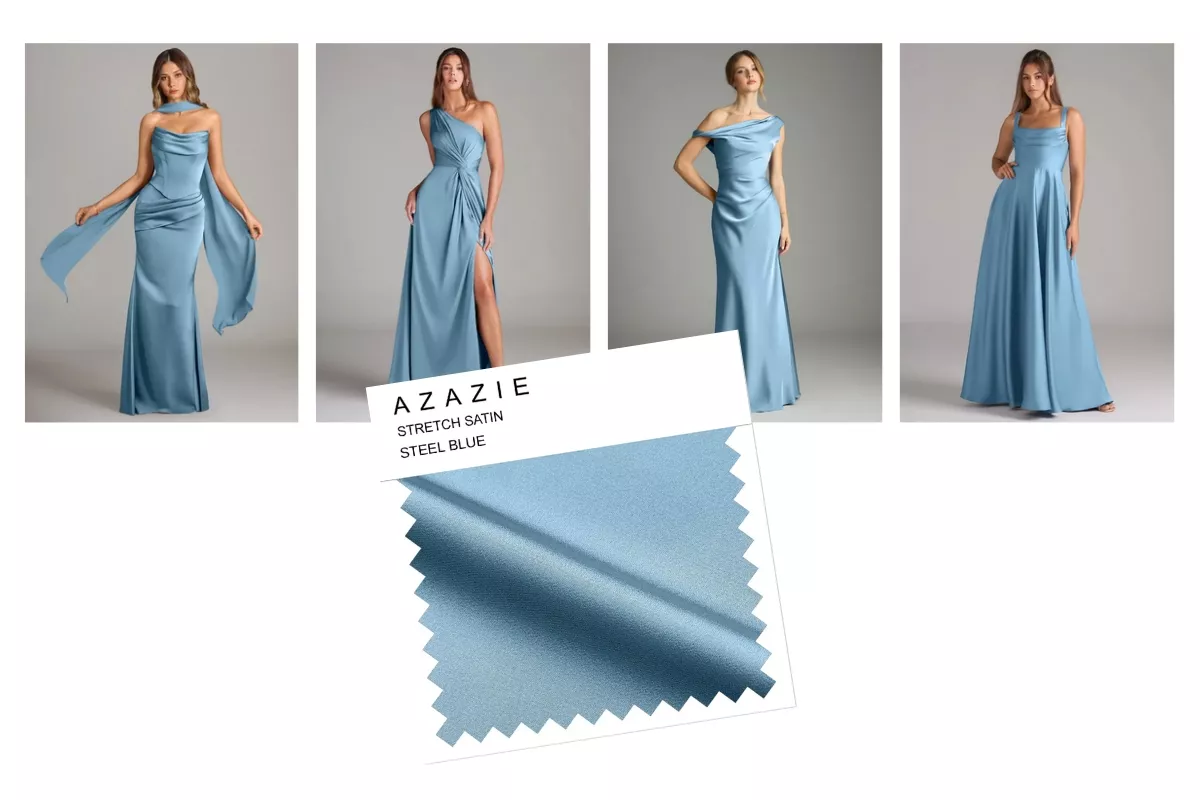 Azazie bridesmaid dress swatch in steel blue with examples of dresses and fabrics