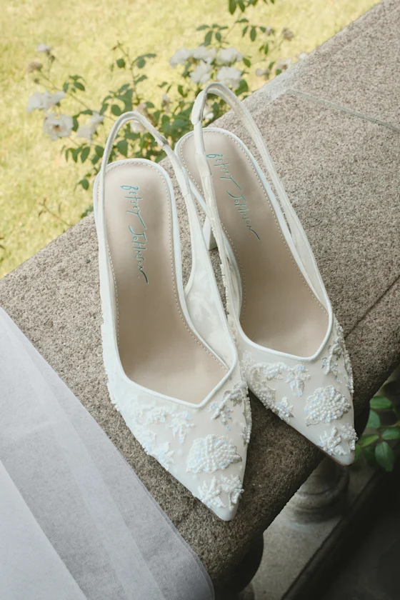 Betsey Johnson lace slingback kitten heels for a bridal outfit