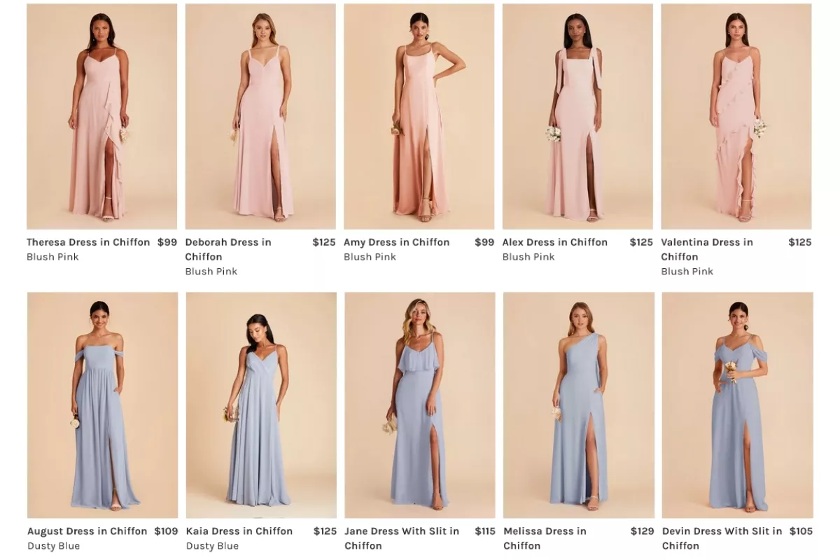 Collection of Birdy Grey best-selling bridesmaid dresses in various colors and styles, displayed together