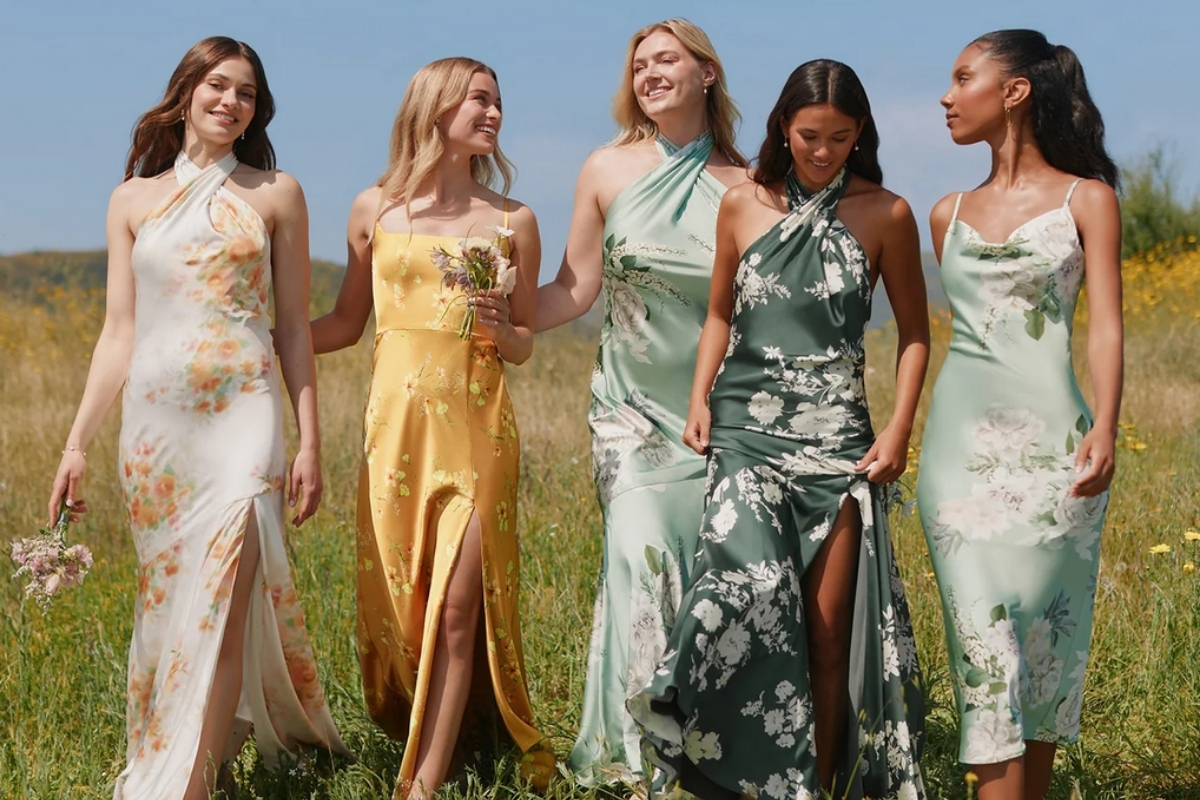 Close-up of Birdy Grey bridesmaid dress detailing, including matte satin fabric texture