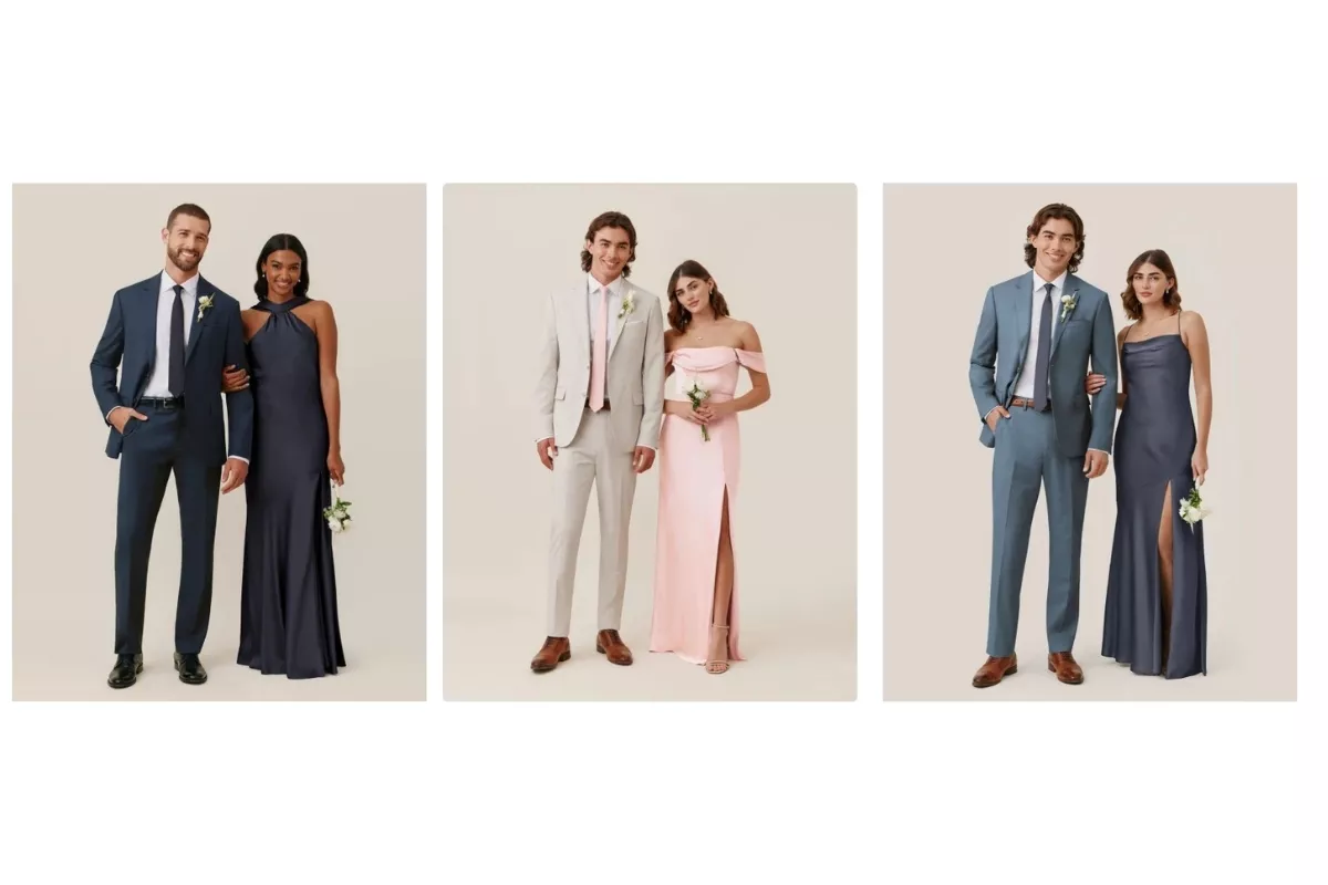 Birdy Grey groomsmen suits in navy, gray, and black, styled with matching ties and pocket squares for a coordinated wedding look