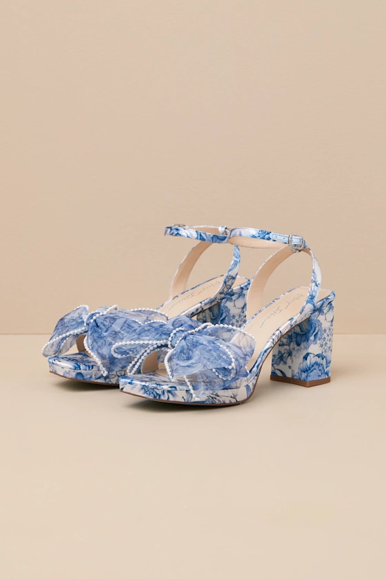 blue and white floral print wedding shoes